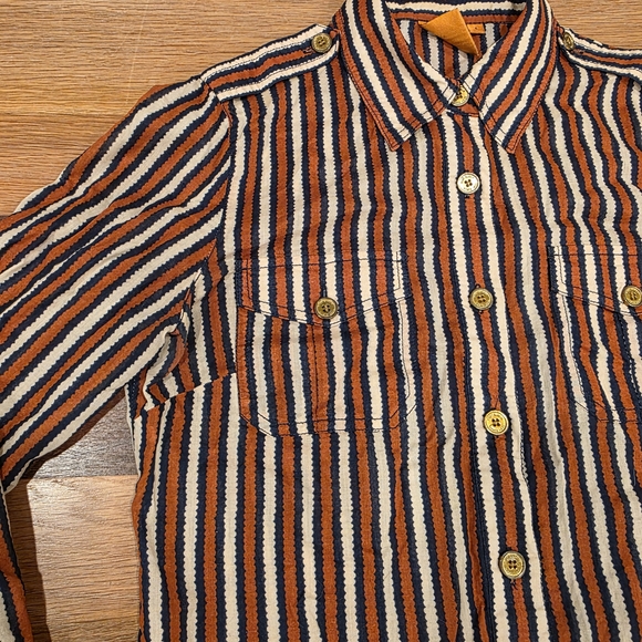 Tory Burch Button Down Dress Shirt Long Sleeve Stripe Blue Cream Orange Size 6 - Picture 4 of 11